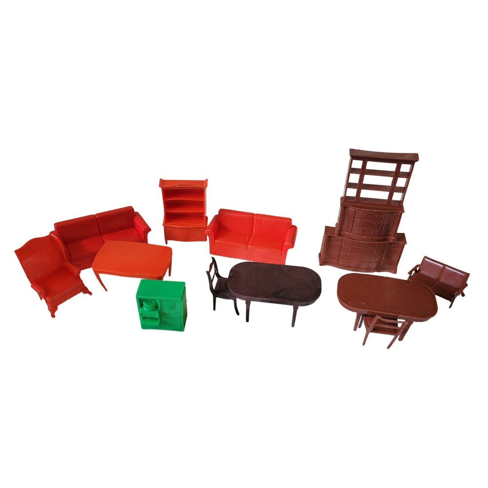 Vtg Marx Plastic Dollhouse Living Room Furniture Lot Red Brown MCM TV Console